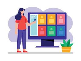 Young girl selected box on computer monitor. Modern technologies and services, Cartoon UI elements vector