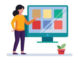 Young girl selected box on computer monitor. Modern technologies and services, Cartoon UI elements vector