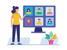 Young girl selected box on computer monitor. Modern technologies and services, Cartoon UI elements vector