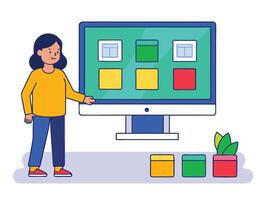 Young girl selected box on computer monitor. Modern technologies and services, Cartoon UI elements vector