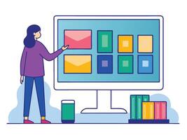 Young girl selected box on computer monitor. Modern technologies and services, Cartoon UI elements vector