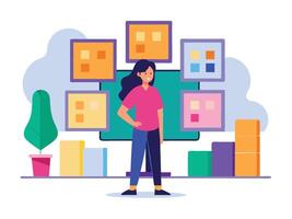 Young girl selected box on computer monitor. Modern technologies and services, Cartoon UI elements vector