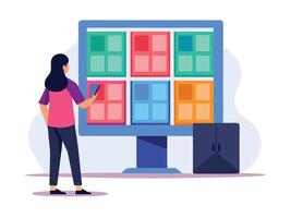 Young girl selected box on computer monitor. Modern technologies and services, Cartoon UI elements vector