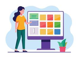 Young girl selected box on computer monitor. Modern technologies and services, Cartoon UI elements vector
