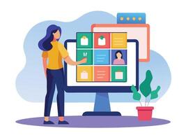 Young girl selected box on computer monitor. Modern technologies and services, Cartoon UI elements vector