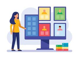 Young girl selected box on computer monitor. Modern technologies and services, Cartoon UI elements vector