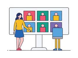 Young girl selected box on computer monitor. Modern technologies and services, Cartoon UI elements vector