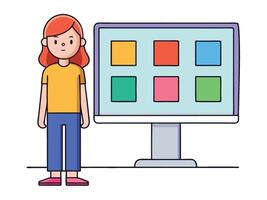 Young girl selected box on computer monitor. Modern technologies and services, Cartoon UI elements vector