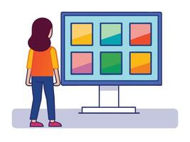 Young girl selected box on computer monitor. Modern technologies and services, Cartoon UI elements vector