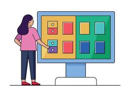 Young girl selected box on computer monitor. Modern technologies and services, Cartoon UI elements vector