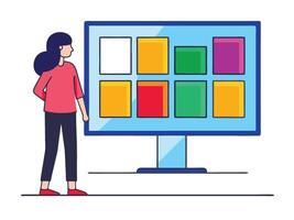 Young girl selected box on computer monitor. Modern technologies and services, Cartoon UI elements vector