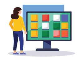 Young girl selected box on computer monitor. Modern technologies and services, Cartoon UI elements vector