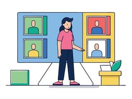 Young girl selected box on computer monitor. Modern technologies and services, Cartoon UI elements vector