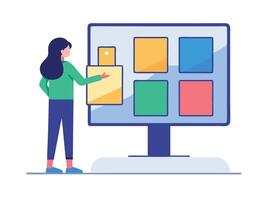 Young girl selected box on computer monitor. Modern technologies and services, Cartoon UI elements vector