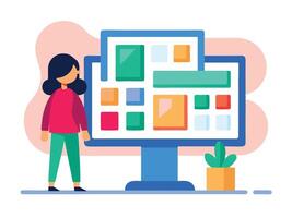 Young girl selected box on computer monitor. Modern technologies and services, Cartoon UI elements vector