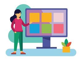 Young girl selected box on computer monitor. Modern technologies and services, Cartoon UI elements vector