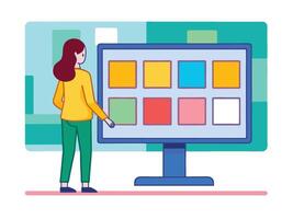 Young girl selected box on computer monitor. Modern technologies and services, Cartoon UI elements vector