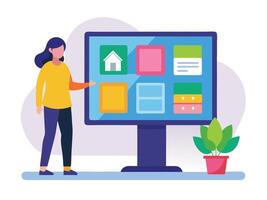 Young girl selected box on computer monitor. Modern technologies and services, Cartoon UI elements vector