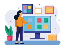 Young girl selected box on computer monitor. Modern technologies and services, Cartoon UI elements vector
