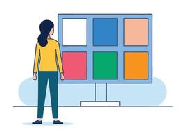 Young girl selected box on computer monitor. Modern technologies and services, Cartoon UI elements vector