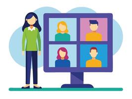 Young girl selected box on computer monitor. Modern technologies and services, Cartoon UI elements vector