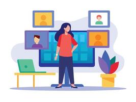 Young girl selected box on computer monitor. Modern technologies and services, Cartoon UI elements vector