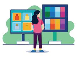 Young girl selected box on computer monitor. Modern technologies and services, Cartoon UI elements vector