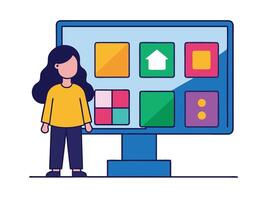Young girl selected box on computer monitor. Modern technologies and services, Cartoon UI elements vector