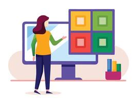 Young girl selected box on computer monitor. Modern technologies and services, Cartoon UI elements vector
