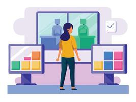 Young girl selected box on computer monitor. Modern technologies and services, Cartoon UI elements vector