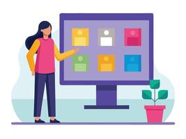 Young girl selected box on computer monitor. Modern technologies and services, Cartoon UI elements vector