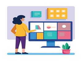 Young girl selected box on computer monitor. Modern technologies and services, Cartoon UI elements vector