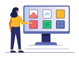 Young girl selected box on computer monitor. Modern technologies and services, Cartoon UI elements vector