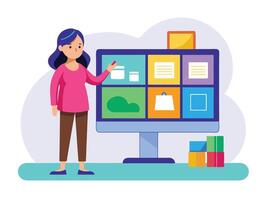 Young girl selected box on computer monitor. Modern technologies and services, Cartoon UI elements vector