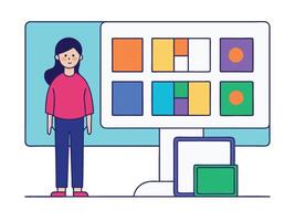 Young girl selected box on computer monitor. Modern technologies and services, Cartoon UI elements vector