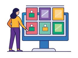 Young girl selected box on computer monitor. Modern technologies and services, Cartoon UI elements vector