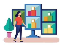 Young girl selected box on computer monitor. Modern technologies and services, Cartoon UI elements vector
