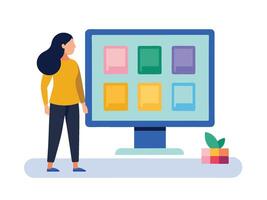 Young girl selected box on computer monitor. Modern technologies and services, Cartoon UI elements vector