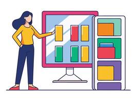 Young girl selected box on computer monitor. Modern technologies and services, Cartoon UI elements vector