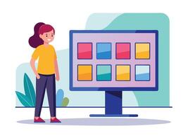 Young girl selected box on computer monitor. Modern technologies and services, Cartoon UI elements vector