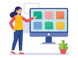 Young girl selected box on computer monitor. Modern technologies and services, Cartoon UI elements vector