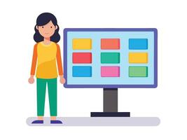Young girl selected box on computer monitor. Modern technologies and services, Cartoon UI elements vector