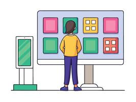 Young girl selected box on computer monitor. Modern technologies and services, Cartoon UI elements vector