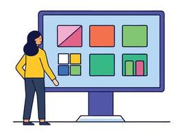 Young girl selected box on computer monitor. Modern technologies and services, Cartoon UI elements vector