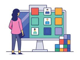 Young girl selected box on computer monitor. Modern technologies and services, Cartoon UI elements vector