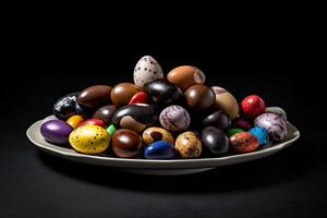 marvelous colorful Chocolate eggs on a plate, black background, illustration, photo