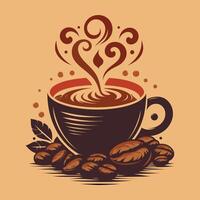 colorful Coffee Cup Illustration with Steam, Coffee Beans, and Leaf Design Elements vector