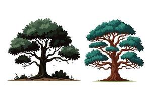 Group of Green tree illustration with lush foliage and intricate branches on a white background vector