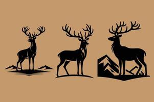 Set of three black silhouette deer head, floral illustrations with antlers color background vector