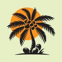 Black silhouette Palm Tree Illustration with Coconuts and sun Vibrant Tropical Art, Exotic Summer Design vector